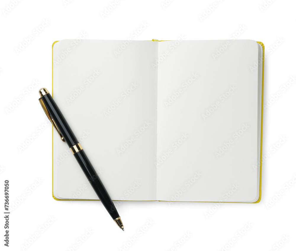Open notebook with blank pages and pen isolated on white, top view Open notebook with blank pages and pen isolated on white, top view