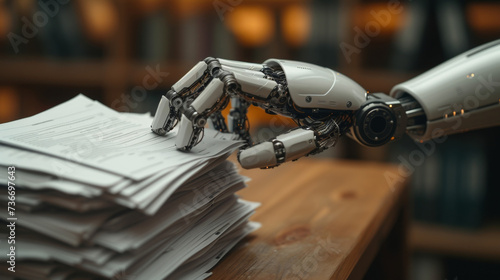 A human hand is shown handing over a stack of paperwork to a robotic hand symbolizing the transfer of traditional financial tasks to automated systems. In the background a photo