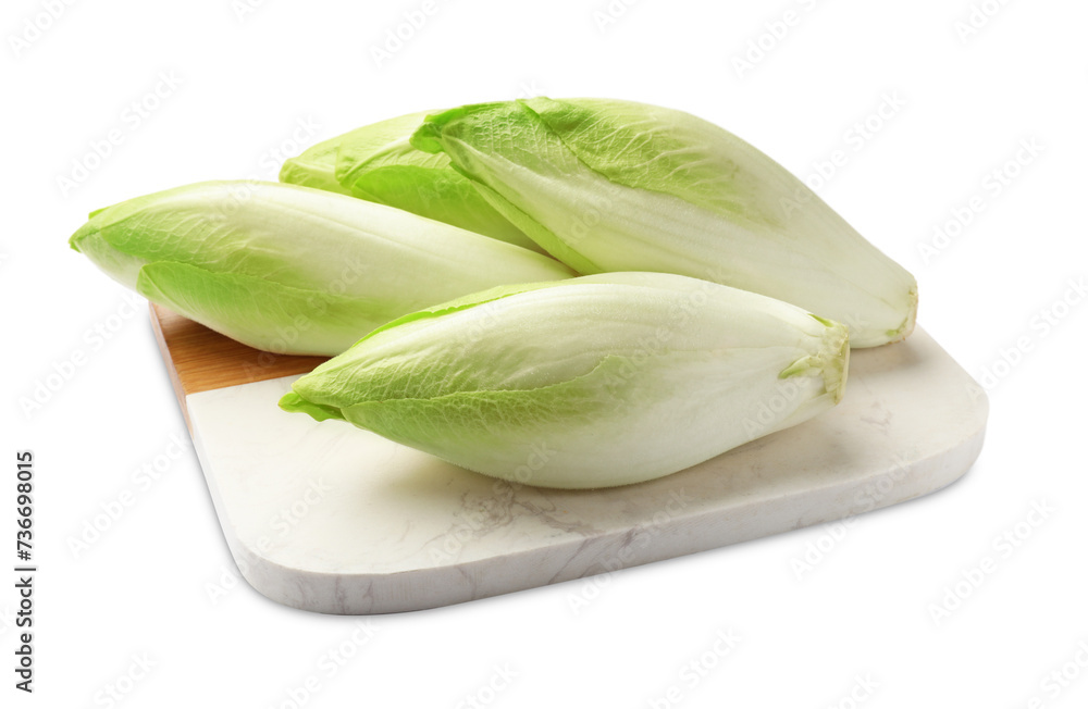 Raw ripe chicories on white background. Belgian endive Raw ripe chicories on white background. Belgian endive