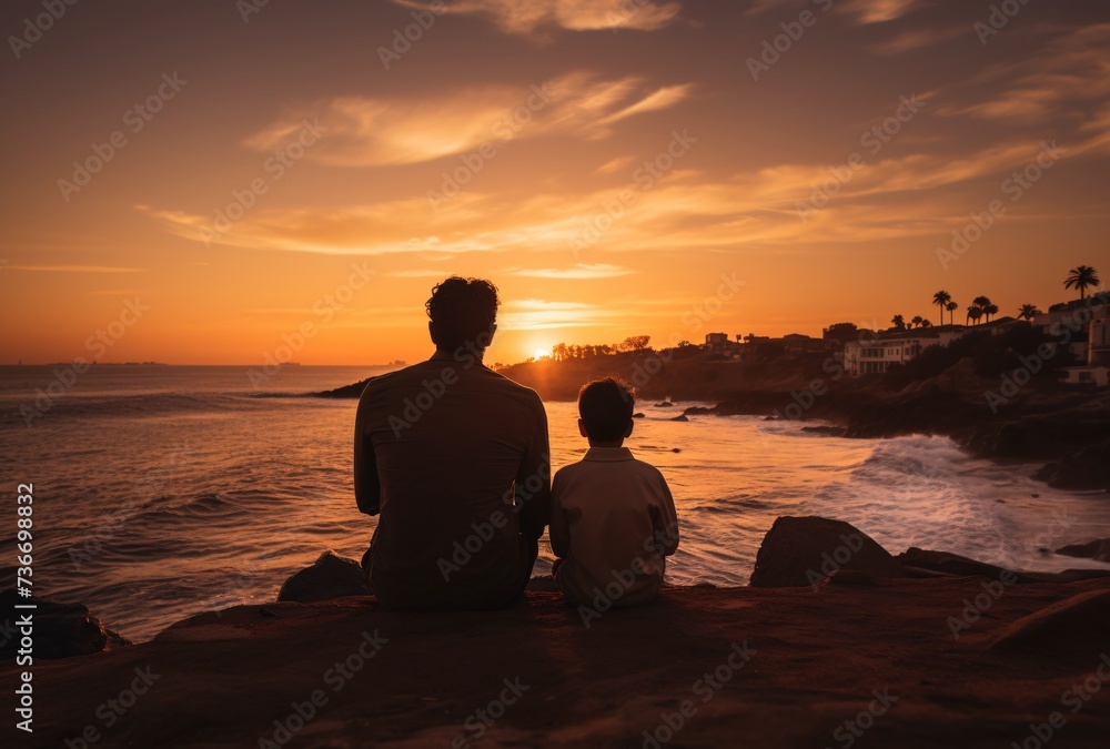 a man and child sitting on a rock looking at the sunset