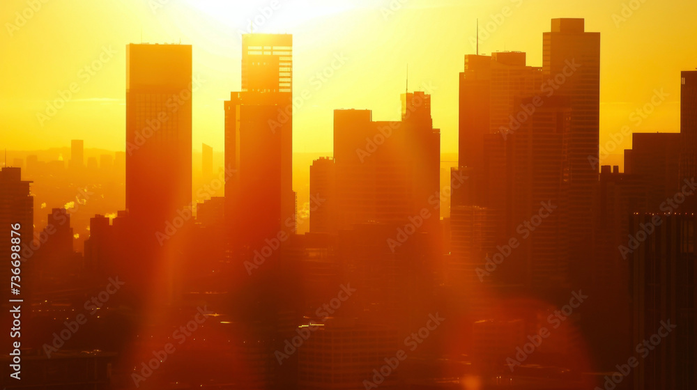 Dramatic shadows cast by the rising sun on the city skyline.