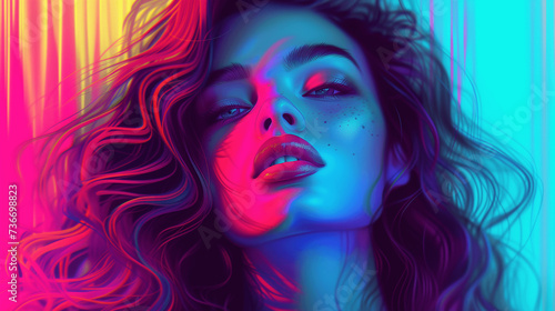 Vibrant Neon Portrait of a Young Woman with Flowing Hair
