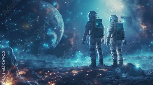 Astronauts exploring a holographic data universe with dashboards and visualizations revealing the secrets of big data photo
