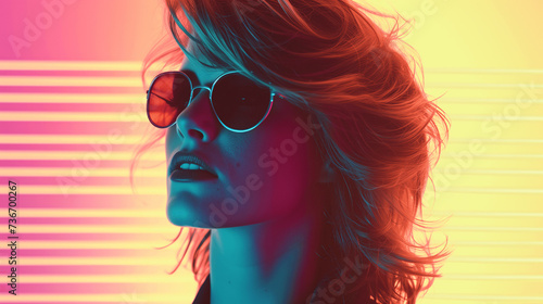 Stylish Woman in Sunglasses with Neon Lights
