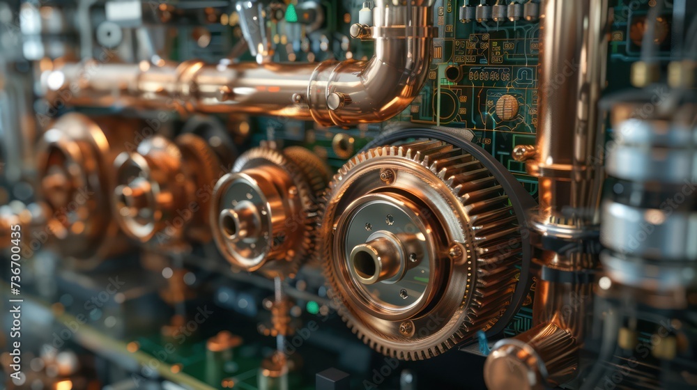 Steampunk network hardware with brass and copper gears powering data transmission through mechanical internet