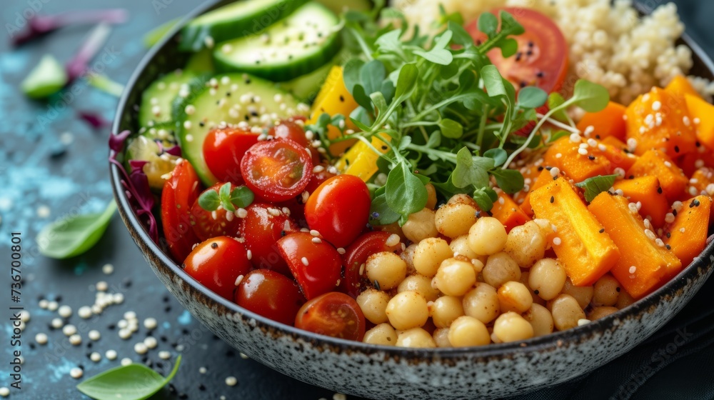 Vegan Buddha bowl with chickpeas, fresh veggies, and quinoa, a balanced meal option.
