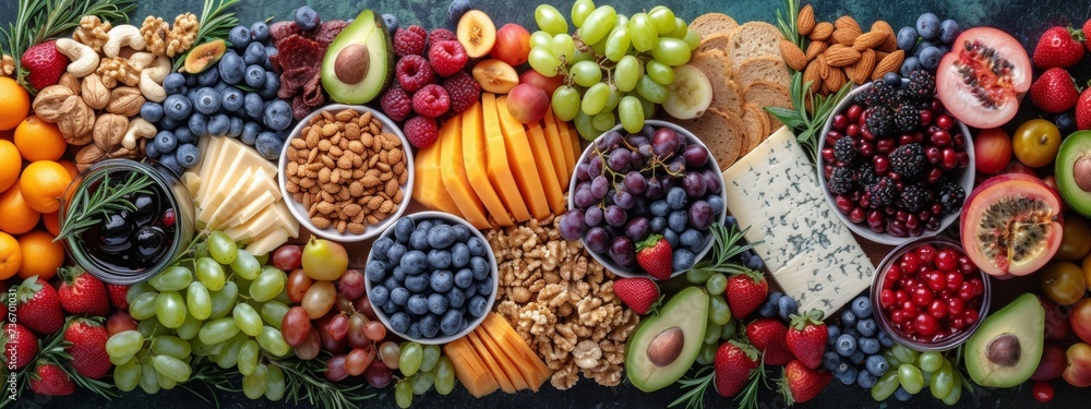 Artistic vegan fruit platter with a selection of nuts, seeds, and exotic fruits for a healthy treat.