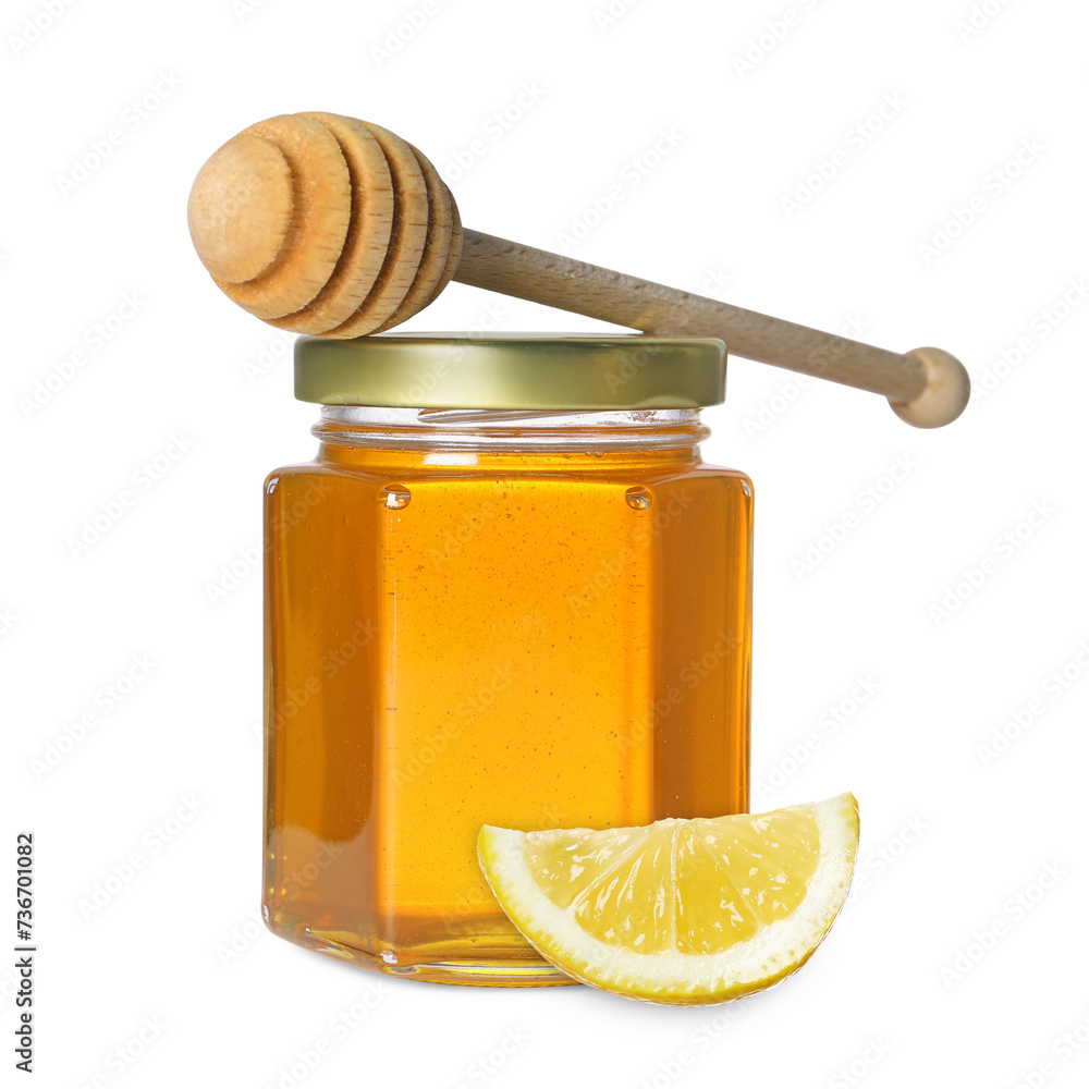 Honey in glass jar, dipper and lemon isolated on white Honey in glass jar, dipper and lemon isolated on white