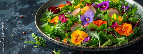 Vegan salad plate with fresh greens and colorful edible flowers on a textured plate.