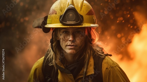 Female firefighter surrounded by fire. Woman saving lives and putting out fire in the middle of a fire