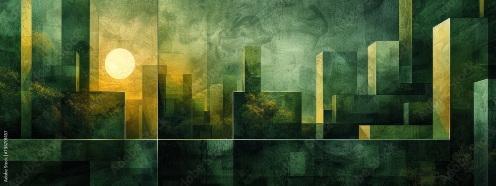 Abstract cityscape with glowing sun amid geometric buildings in muted green tones.