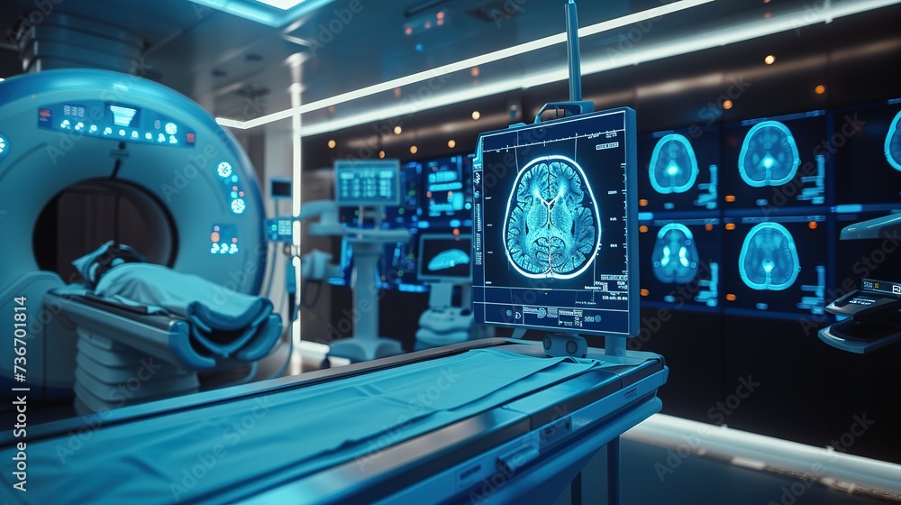 Advanced medical imaging technology in neon blue showcasing a series of ...