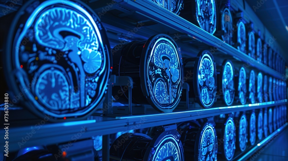 Advanced medical imaging technology in neon blue showcasing a series of ...