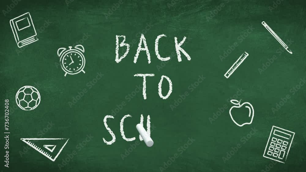 Back to school on greenboard with chalk, book, clock and pencil icons. Animated Education concept Back to school on greenboard with chalk, book, clock and pencil icons. Animated Education concept