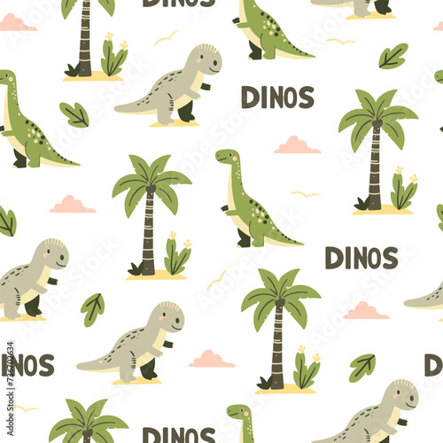 Seamless pattern of cute colorful dinosaurs with floral and geometric elements palms, mountains, clouds, leaves.