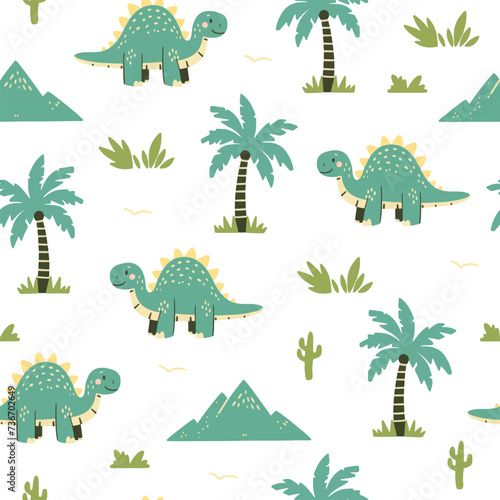 Seamless pattern of cute colorful dinosaurs with floral and geometric elements palms, mountains, clouds, leaves. © Olha