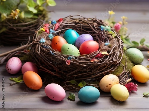 Easter Day concept background colorful easter eggs in nest wallpaper