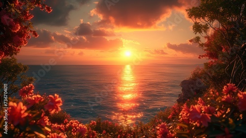 Sunset serenade from high cliff with radiant sea view and blooming flowers