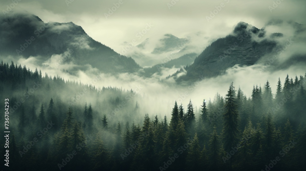 a foggy mountain range with trees and mountains