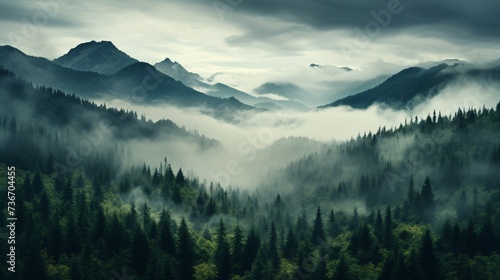 a foggy mountain range with trees and clouds