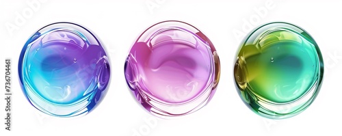 Set of three colorful metallic glass liquid bubble isolated on white background in a row, colorful circle round frames.