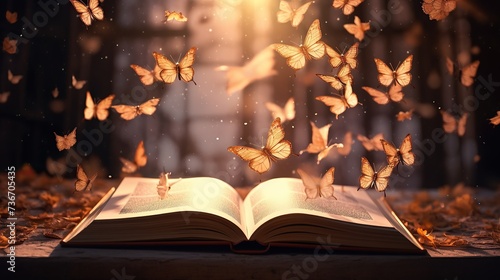 Glowing butterfly flying over open book page on bokeh background