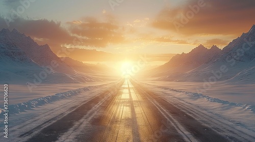 Winter highway journey with towering mountains and a stunning sunrise on the horizon. © maniacvector