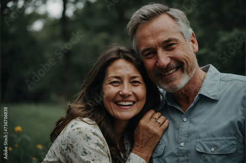 Mature romantic couple embracing outdoor. Happy woman embracing her multiethnic boyfriend at park during sunset. Smiling brunette woman in love with her husband looking at camera.nature.