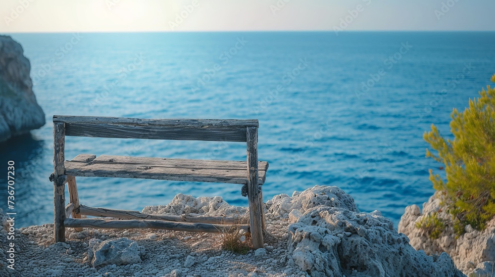 Solitary wooden bench overlooking the azure sea, a peaceful spot for reflection and solitude