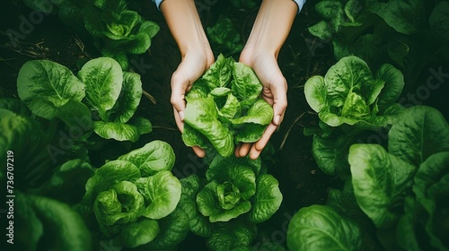 Close-up of hands harvesting organic lettuce. Clean crops of fresh vegetables