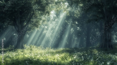 Enchanting sunbeams break through a serene grove highlighting a fairy tale woodland. © maniacvector
