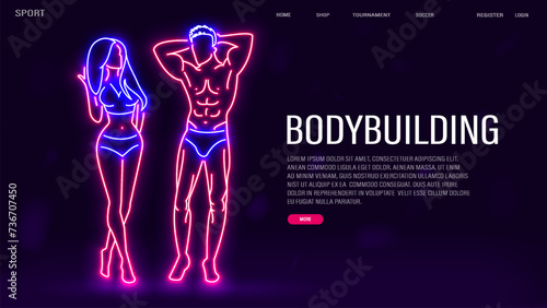 A web banner with a beautiful and sexy neon man and woman on a blue background. A concept for bodybuilding and sports.