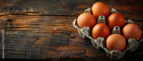 Chicken eggs in paper blister on old wooden table with copy space.