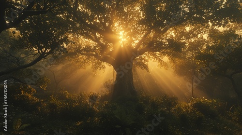 Majestic giant trees and luminous sunlight in a lush, vibrant forest setting.