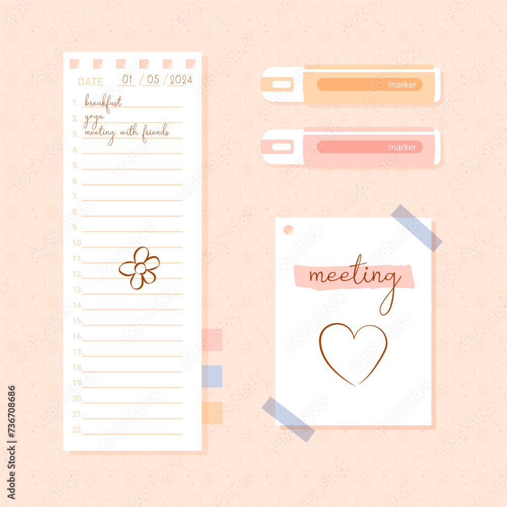 Collage torn paper sheet of notepad, sticky memos, color markers. Vector elements in trendy style. Contemporary illustration. Collage torn paper sheet of notepad, sticky memos, color markers. Vector elements in trendy style. Contemporary illustration.