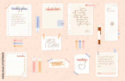 Collage sheet of notepad, sticky memos, torn paper. Vector elements in trendy style. Contemporary illustration.