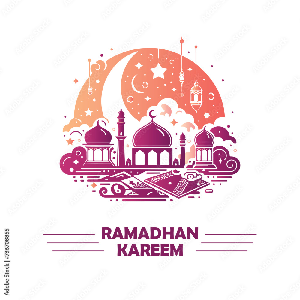 Ramadan Mubarak greeting card featuring mosque and moon. Perfect for social media posts, festive emails, and cultural websites.