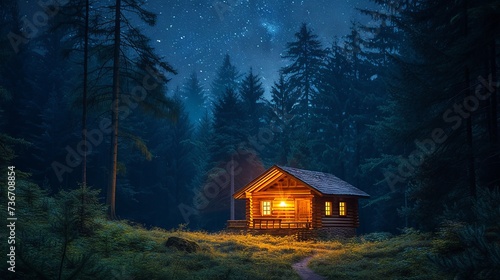 Enchanting forest cabin with warm lights under a starry night sky photo