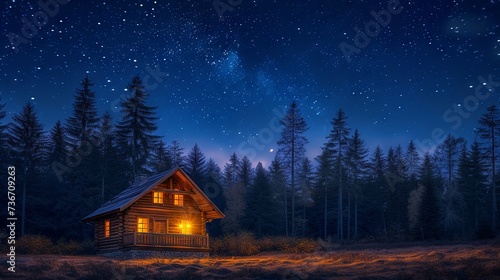 Enchanting forest cabin with warm lights under a starry night sky