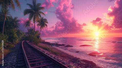 Magical train track by the tropical shore at sunset, promising adventure in paradise