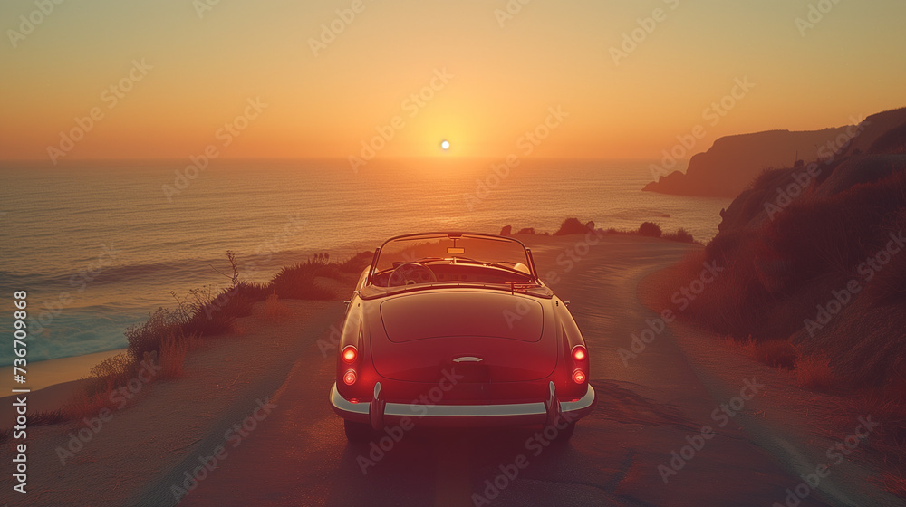 road trip with an old vintage retro car, classic car, summer trip, travel concept, classic car at sunset by the ocean