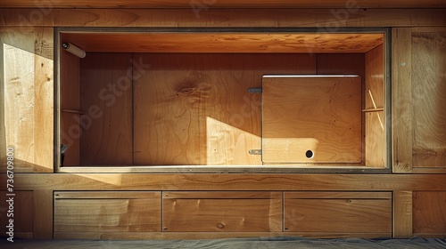 Warm Wooden Interior of Caravan with Comfortable Bed and Storage at Sunset © maniacvector