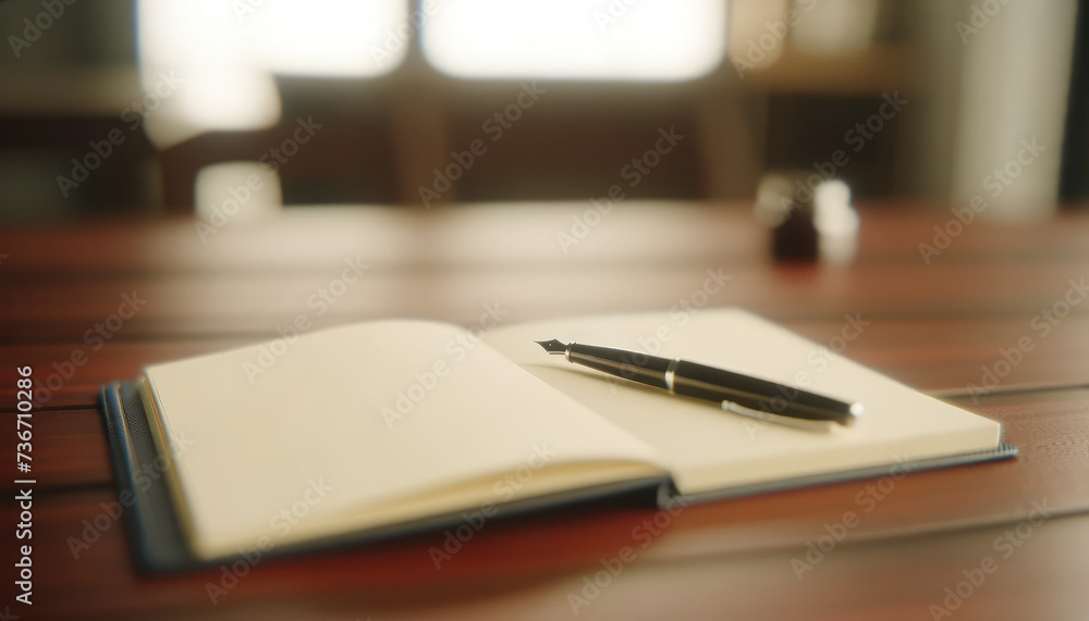 Open Notebook with a Fountain Pen on a Wooden Desk Open Notebook with a Fountain Pen on a Wooden Desk