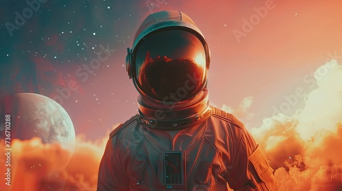 A man in a space suit against a vibrant backdrop