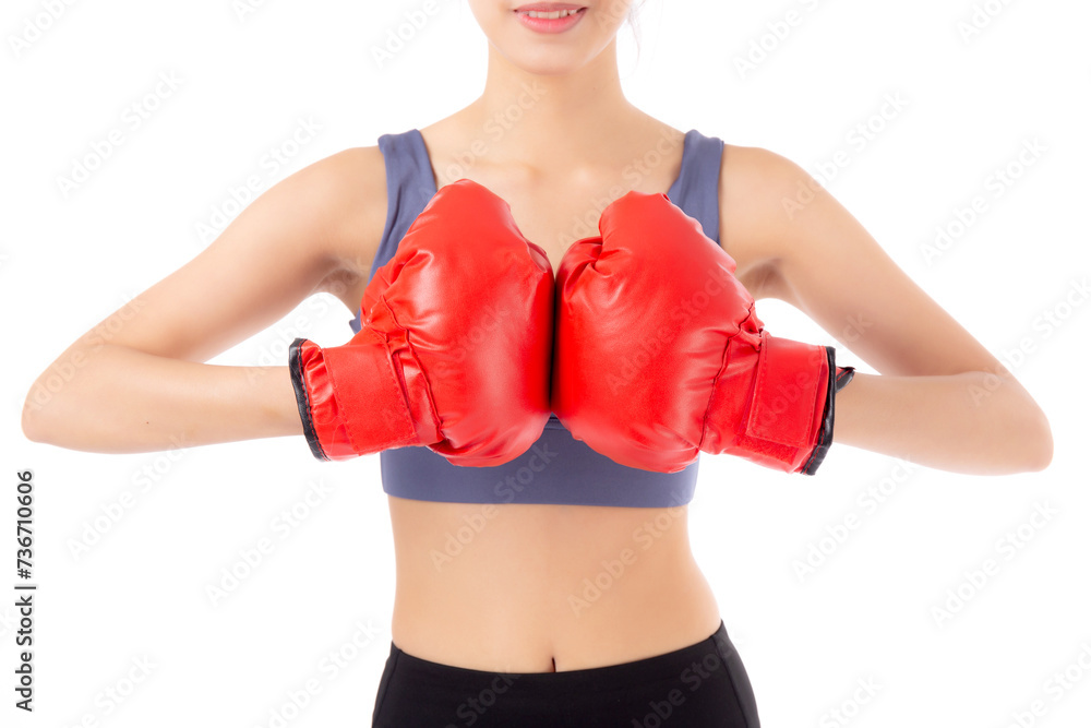 Closeup hands asian woman in sportswear exercise with boxing sport isolated white background, woman training workout with punch for healthcare and weightloss, health and bodycare, power and strong.