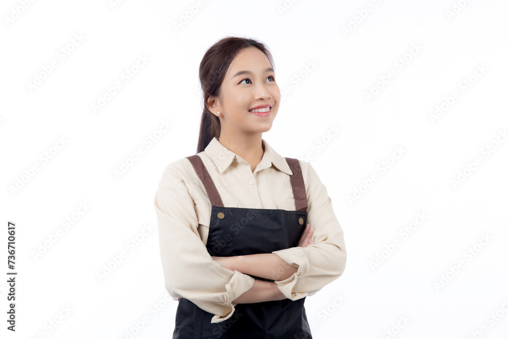 Portrait young asian barista woman wearing apron standing and smile isolated white background, waitress or entrepreneur cheerful, small business or startup, waiter of cafe or coffee shop. Portrait young asian barista woman wearing apron standing and smile isolated white background, waitress or entrepreneur cheerful, small business or startup, waiter of cafe or coffee shop.