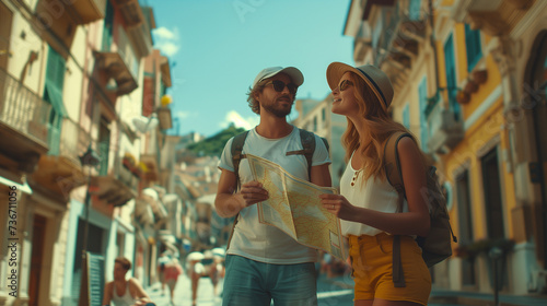Happy tourists sightseeing city with map, young couple men, and woman with a map in their hands in a old city