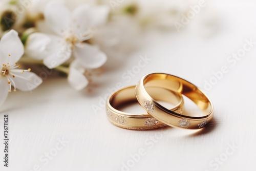 Wedding rings, close-up on a light background with flowers.postcard or invitation to a celebration. 