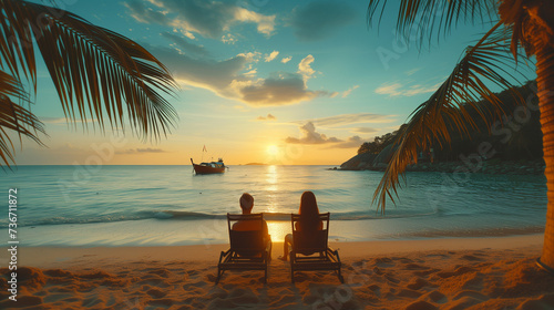 a couple on a beach chair on the beach in Thailand, men and woman at the ocean with palm trees and a longtail boat at sunset