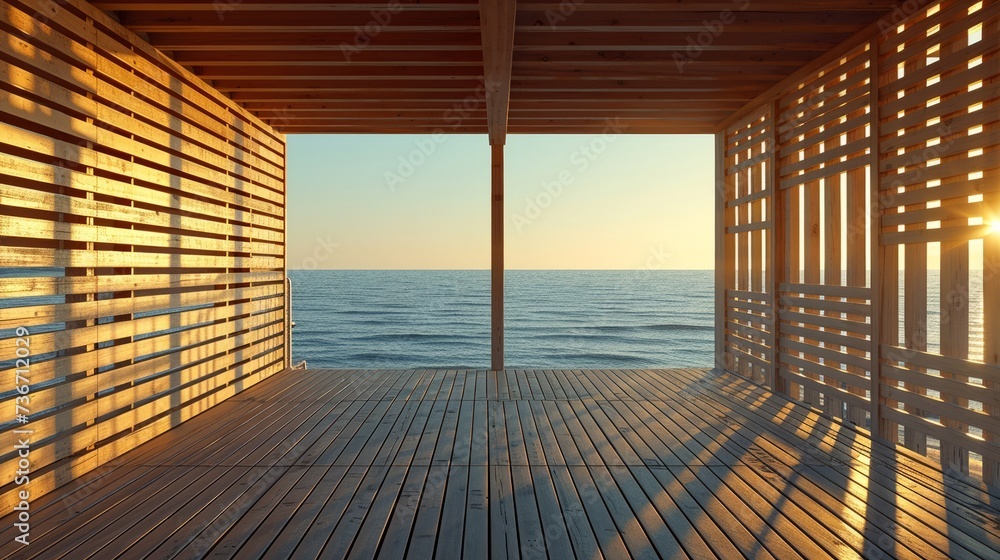 Golden hour brilliance through wooden slats at an ocean lookout on a secluded beach.